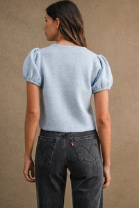 Odette Puff Sleeve Button Down Knit Cardigan in Light Blue