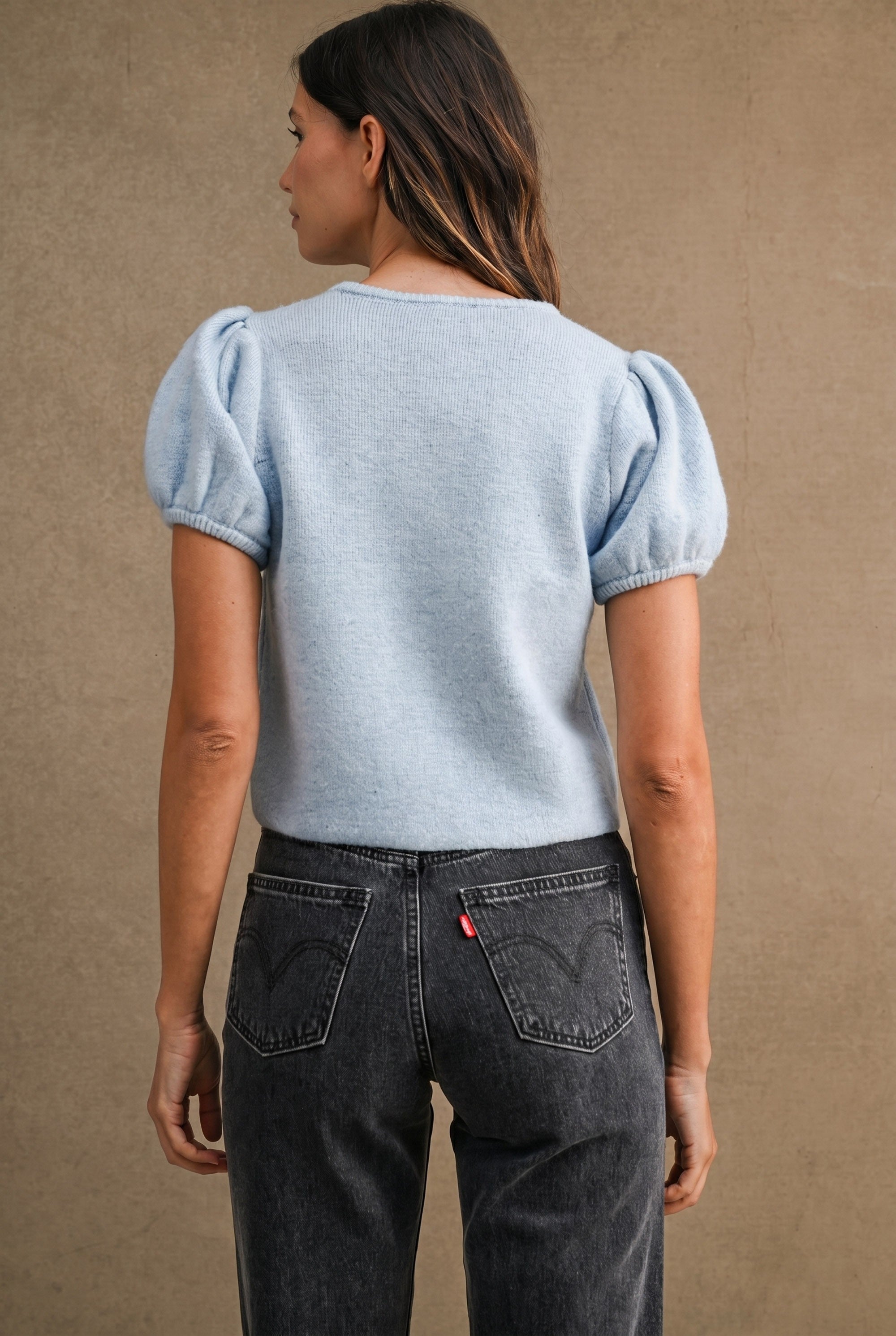 Odette Puff Sleeve Button Down Knit Cardigan in Light Blue