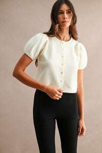 Odette Puff Sleeve Button Down Knit Cardigan in Cream