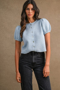 Odette Puff Sleeve Button Down Knit Cardigan in Light Blue