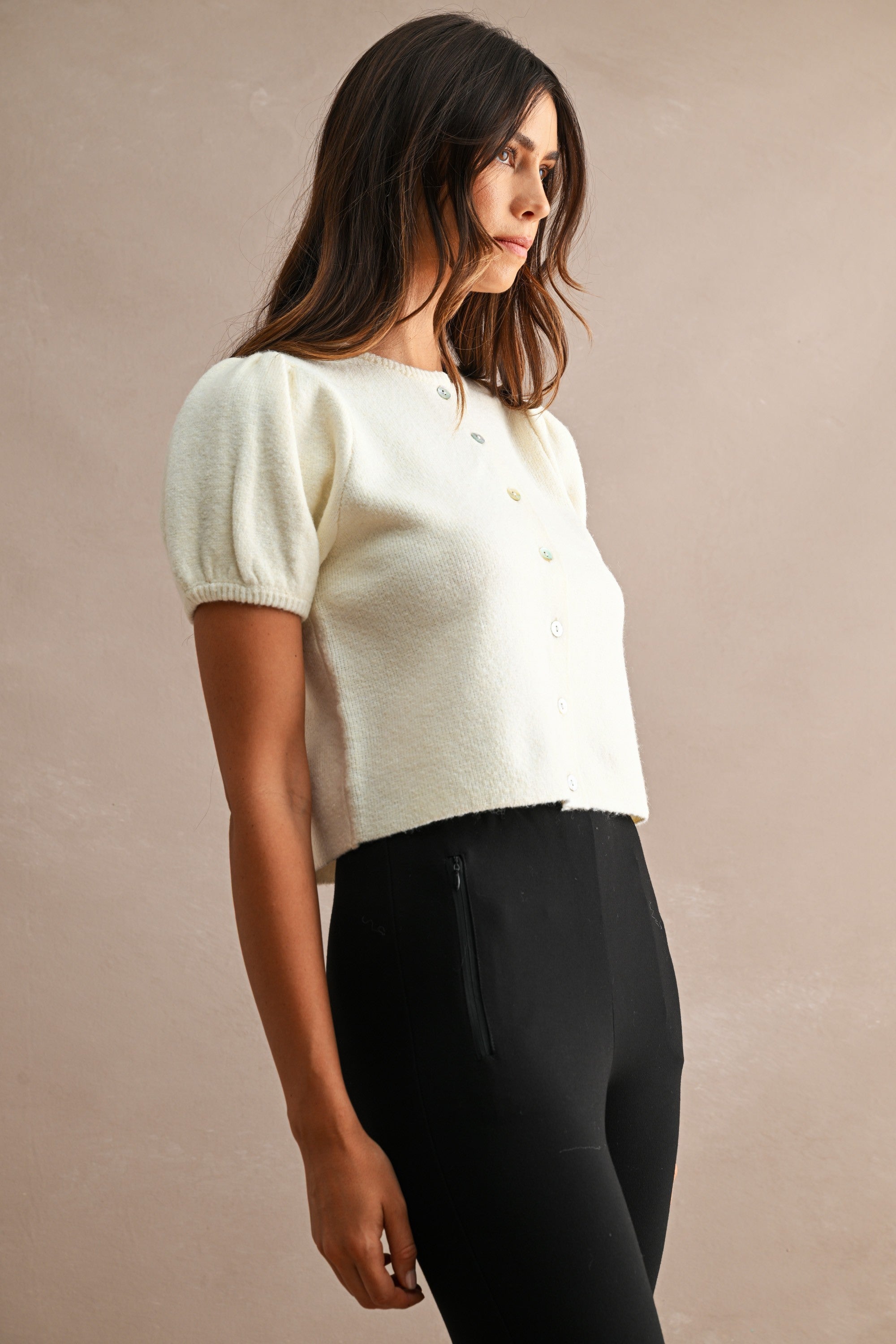 Odette Puff Sleeve Button Down Knit Cardigan in Cream
