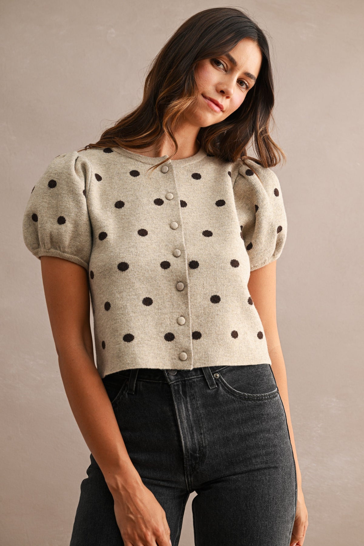 Odette Polka Dot Puff Sleeve Knit Cardigan Top