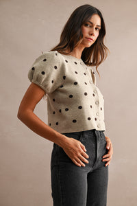 Odette Polka Dot Puff Sleeve Knit Cardigan Top
