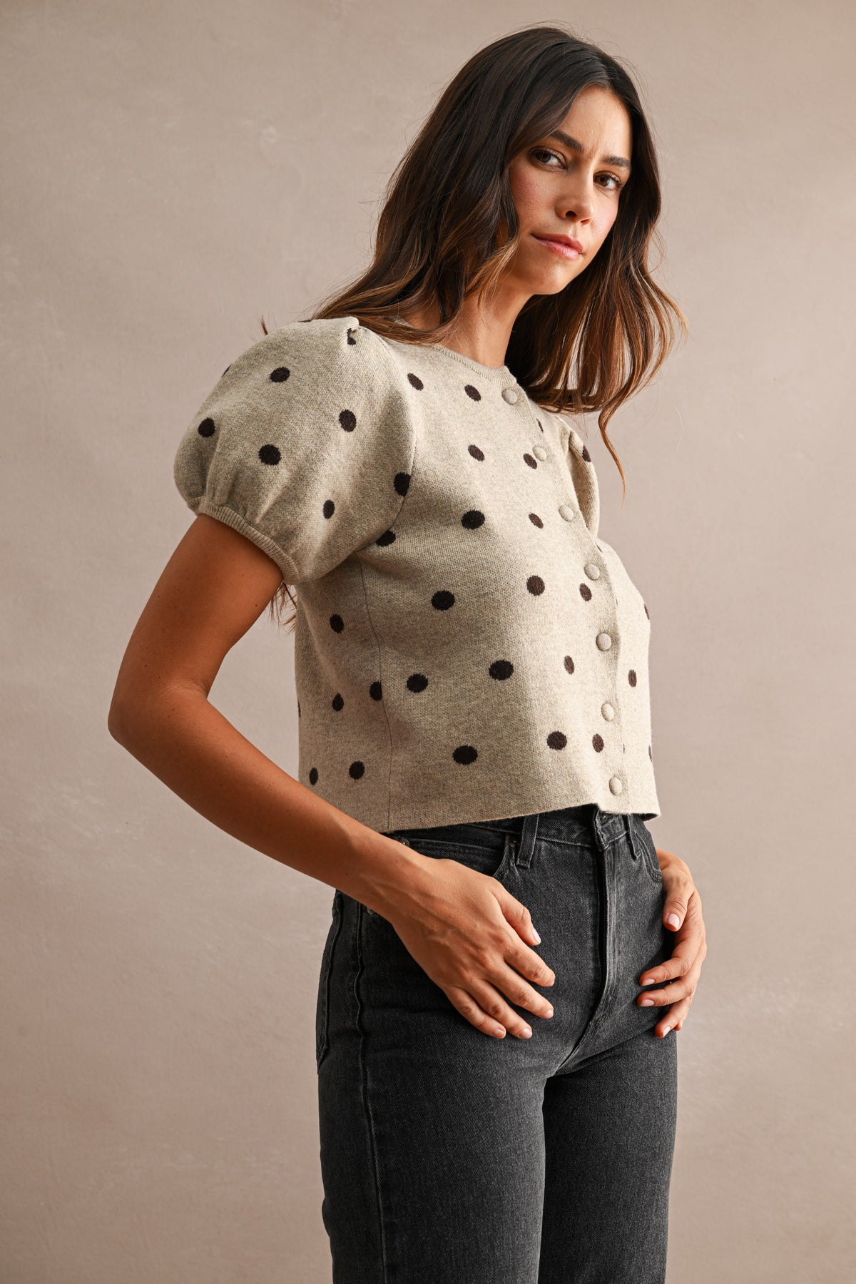 Odette Polka Dot Puff Sleeve Knit Cardigan Top