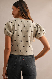Odette Polka Dot Puff Sleeve Knit Cardigan Top