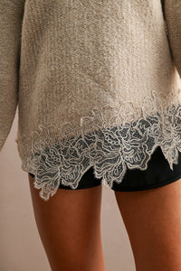 Off Shoulder Lace Trim Sweater in Light Mocha