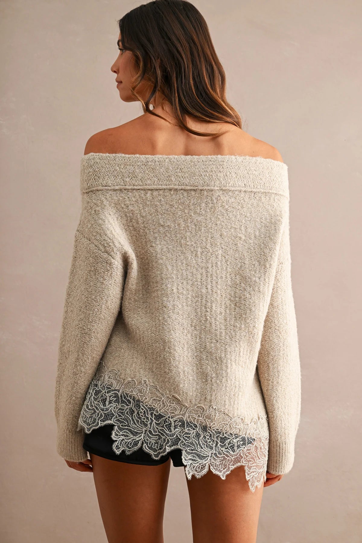Off Shoulder Lace Trim Sweater in Light Mocha