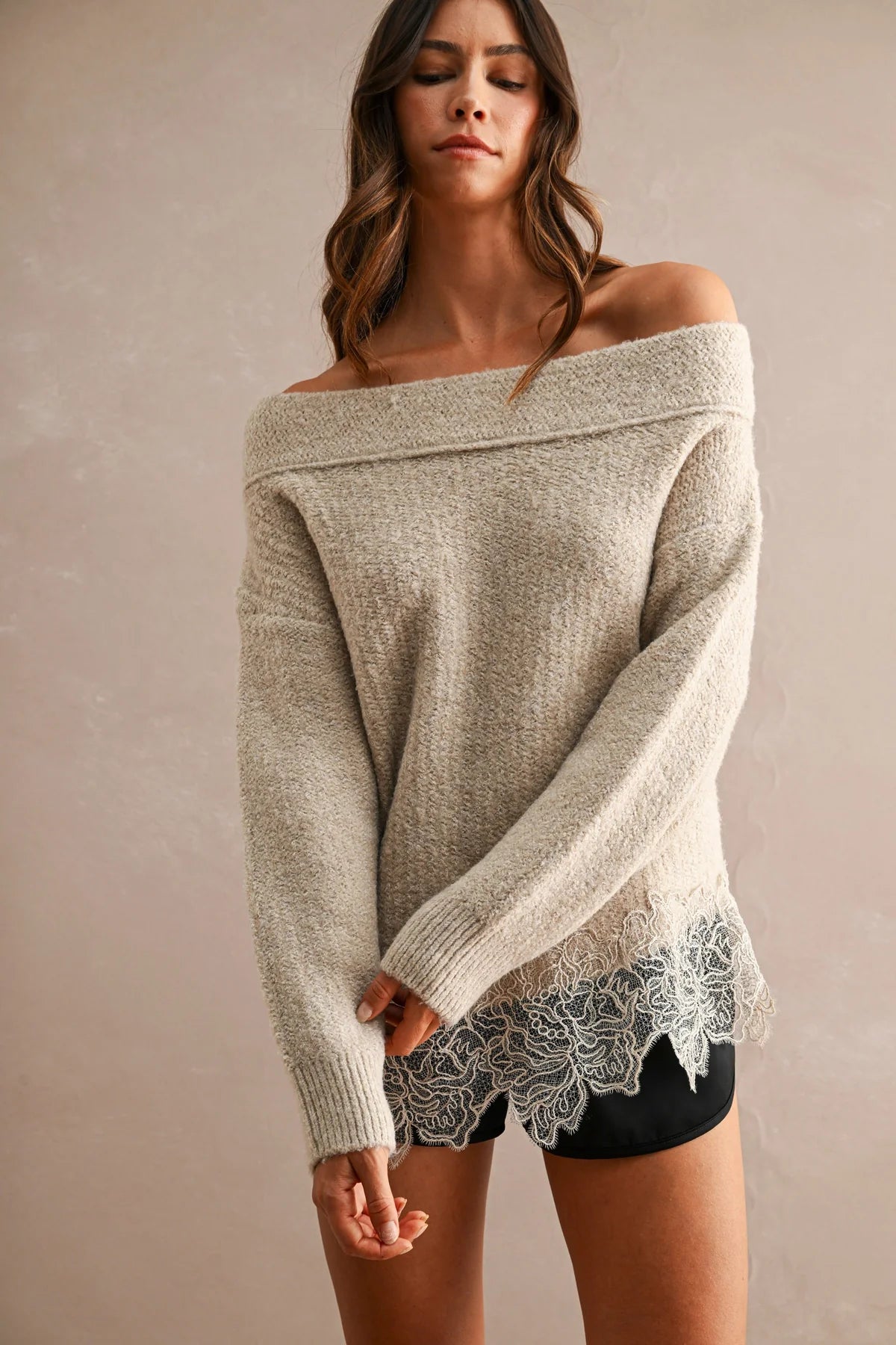 Off Shoulder Lace Trim Sweater in Light Mocha