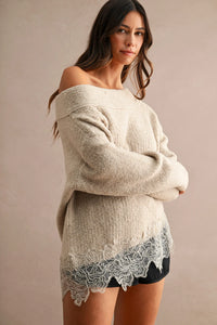 Off Shoulder Lace Trim Sweater in Light Mocha