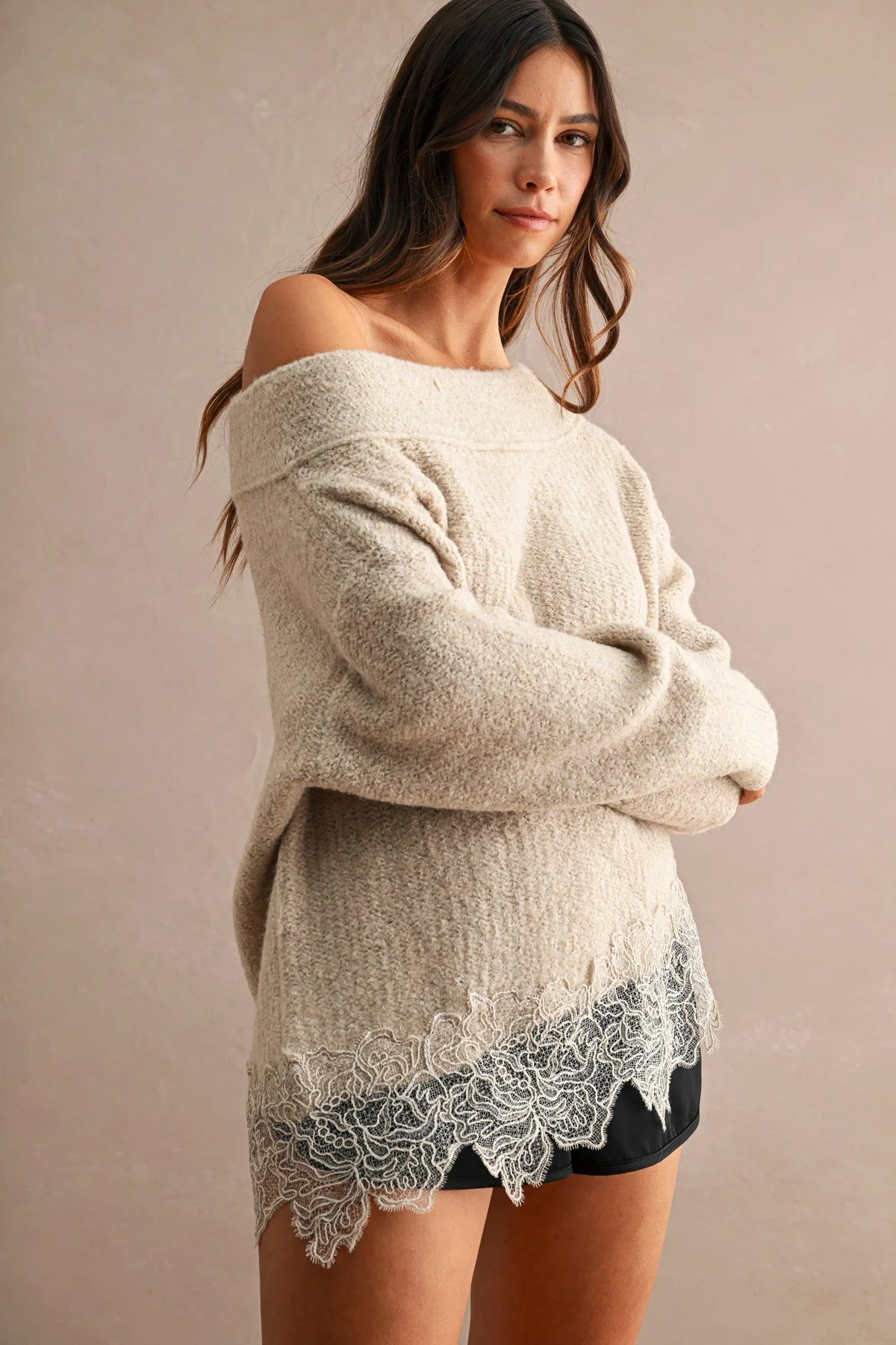 Off Shoulder Lace Trim Sweater in Light Mocha