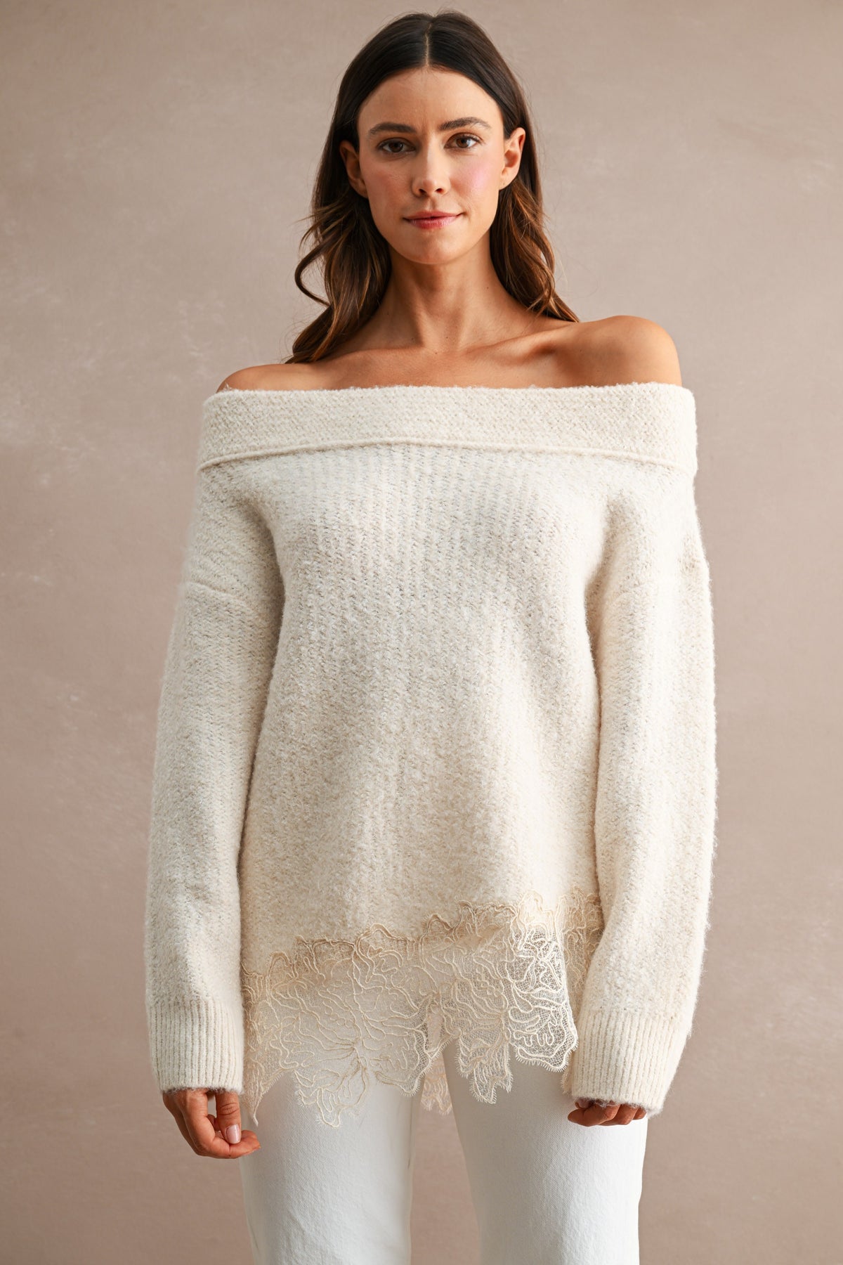 Off Shoulder Lace Trim Sweater in Cream