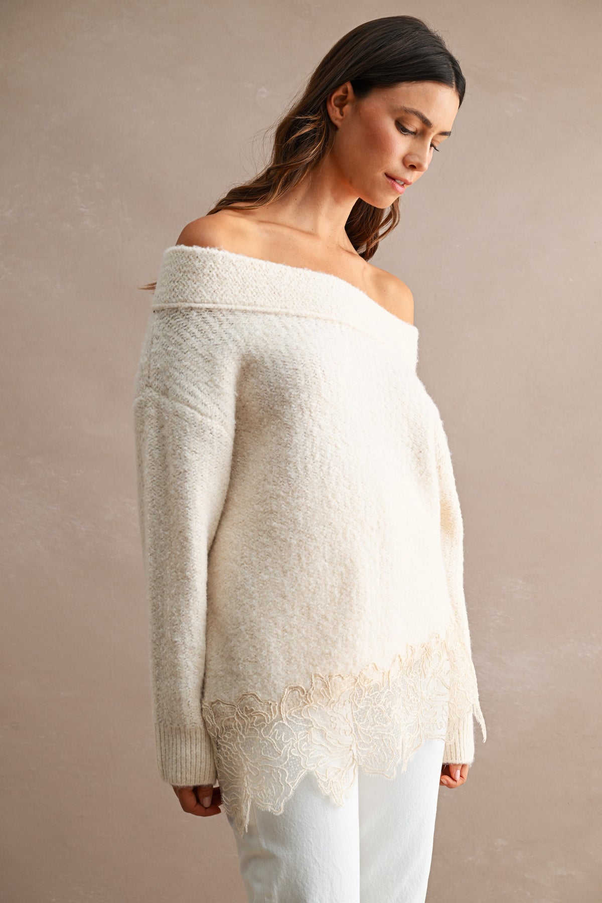 Off Shoulder Lace Trim Sweater in Cream