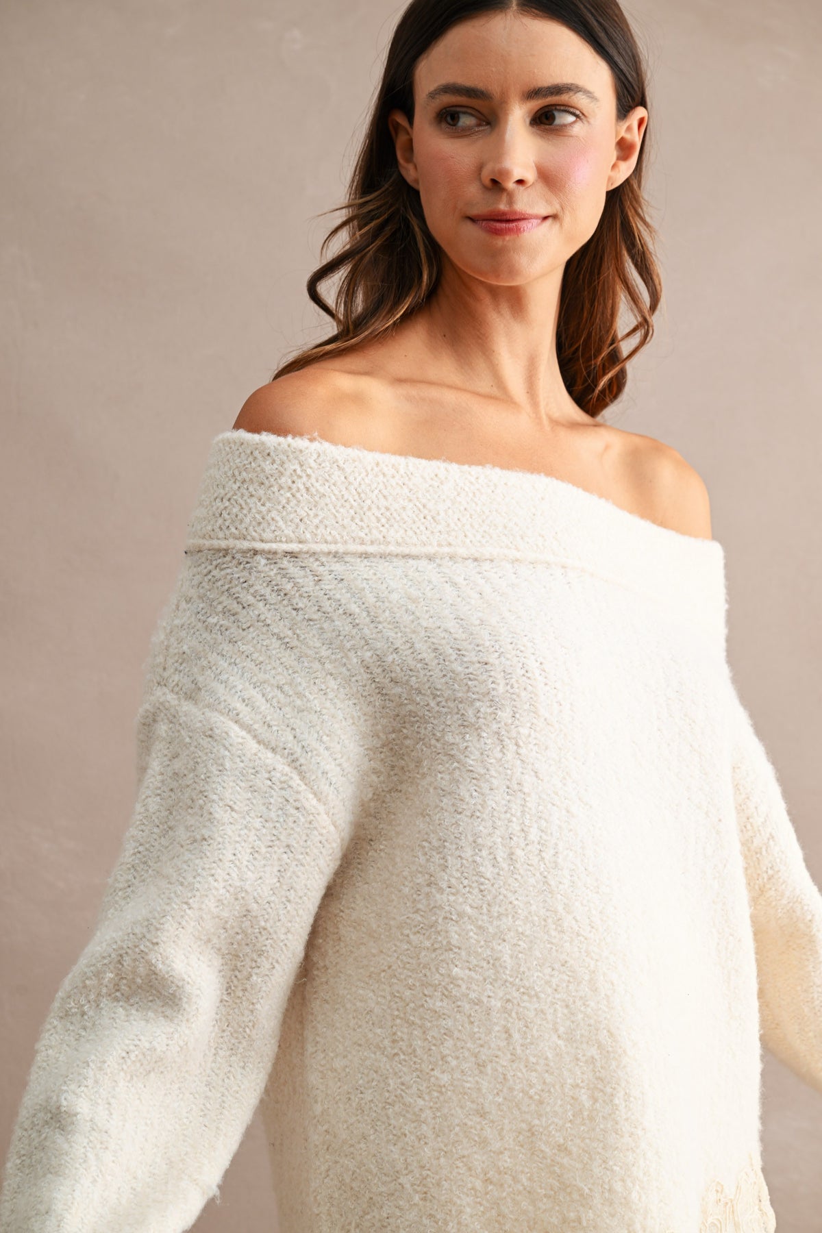 Off Shoulder Lace Trim Sweater in Cream