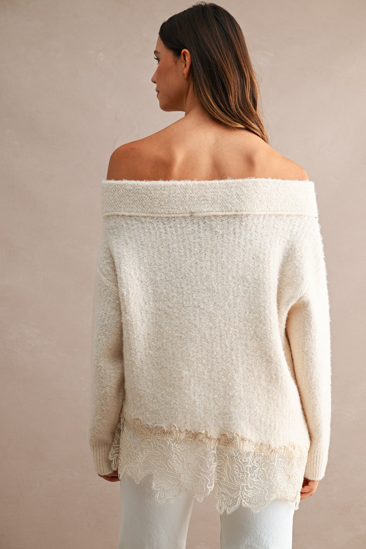 Off Shoulder Lace Trim Sweater in Cream