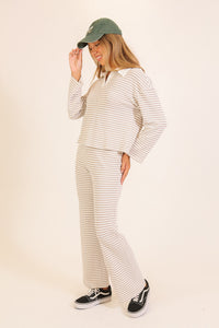 Alpine Stripe Collared Knit Lounge Set in Taupe — back view on model