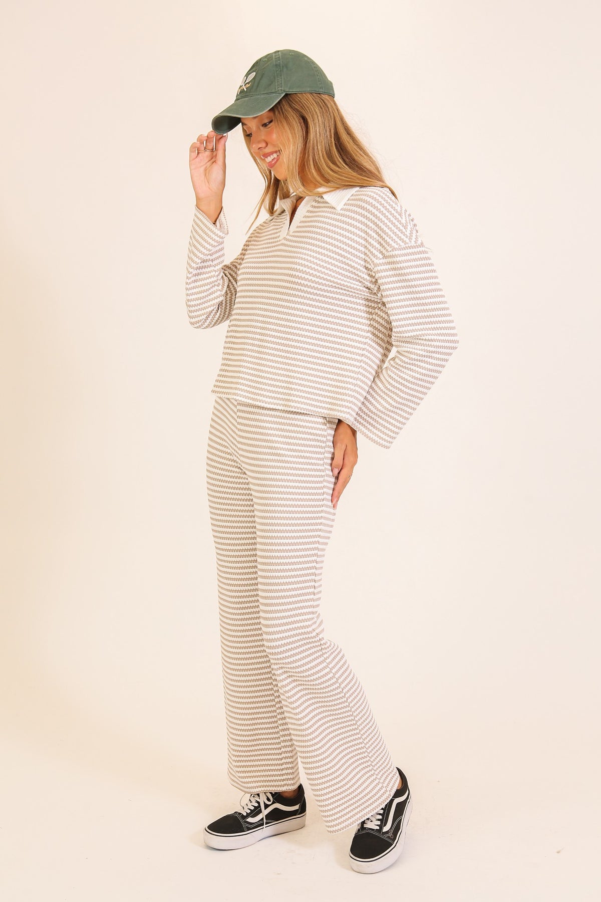 Alpine Stripe Collared Knit Lounge Set in Taupe — back view on model