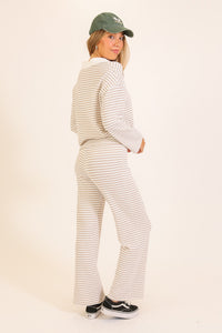 Alpine Stripe Collared Knit Lounge Set in Taupe — side view showing collared V-neckline and wide-leg silhouette
