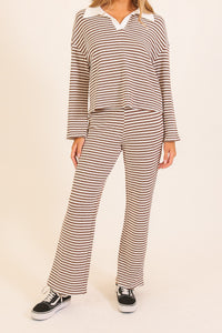 Alpine Stripe Collared Knit Lounge Set in Brown — side view showing collared V-neckline and wide-leg silhouette