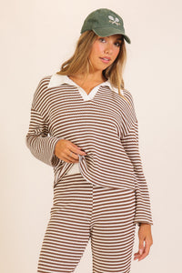 Alpine Stripe Collared Knit Lounge Set in Brown — close-up of stripe print and contrast collar detail