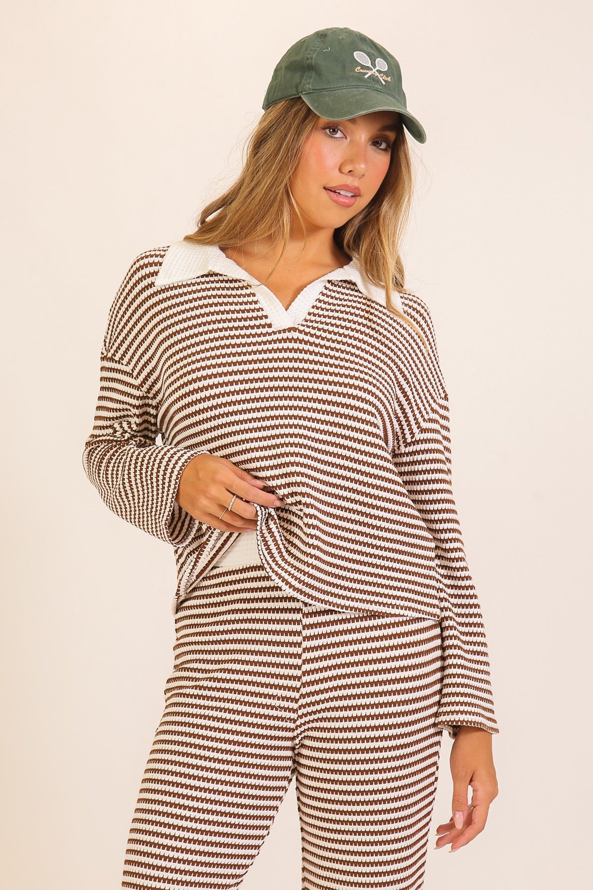 Alpine Stripe Collared Knit Lounge Set in Brown — close-up of stripe print and contrast collar detail