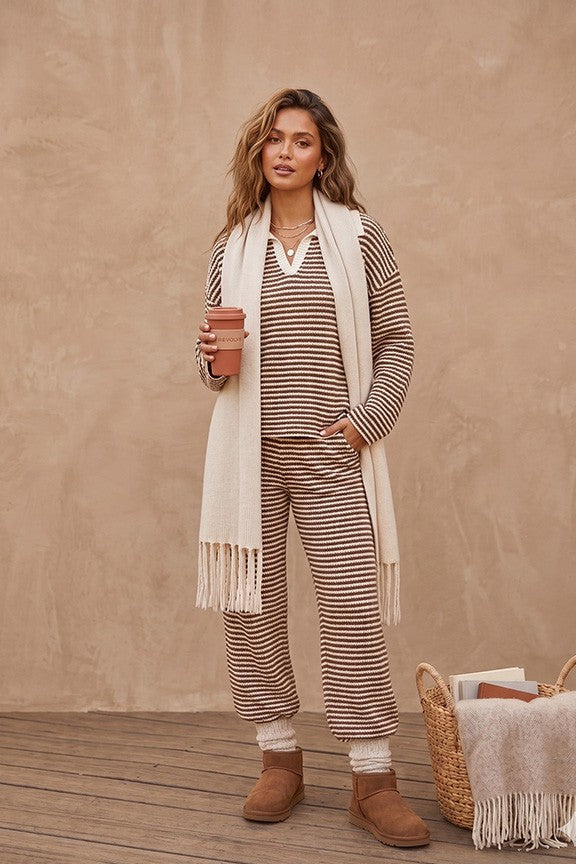 Alpine Stripe Collared Knit Lounge Set in Brown — front view on model