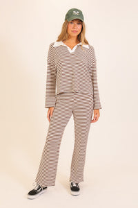 Alpine Stripe Collared Knit Lounge Set in Brown — back view on model
