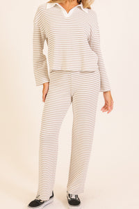 Alpine Stripe Collared Knit Lounge Set in Taupe — close-up of stripe print and contrast collar detail