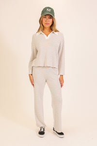 Alpine Stripe Collared Knit Lounge Set in Taupe — front view on model showing top and wide-leg pants