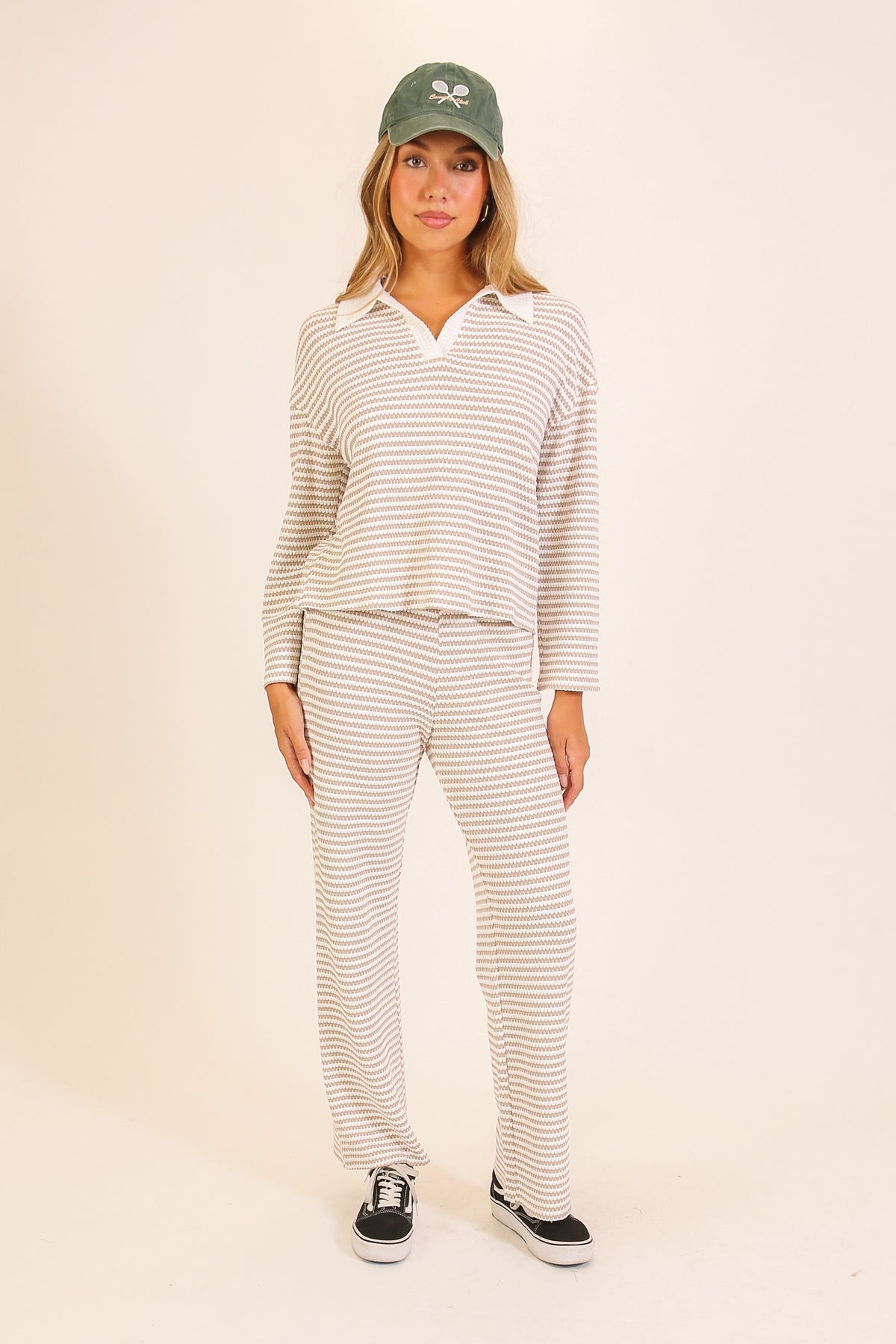 Alpine Stripe Collared Knit Lounge Set in Taupe — front view on model showing top and wide-leg pants