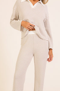 Alpine Stripe Collared Knit Lounge Set in Taupe — full look styled on model