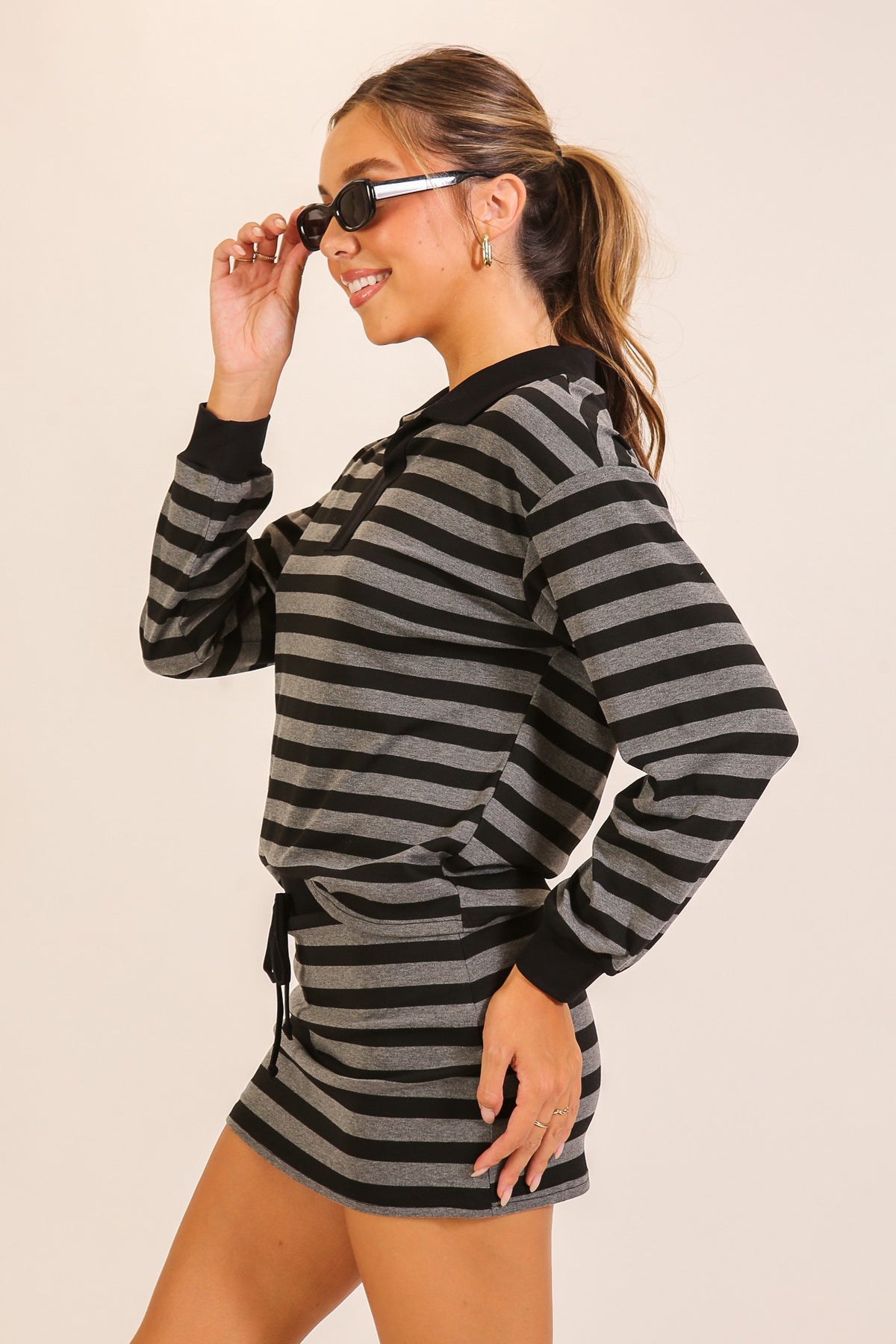 Rally Stripe Collared Top & Skort Set in Black — back view on model