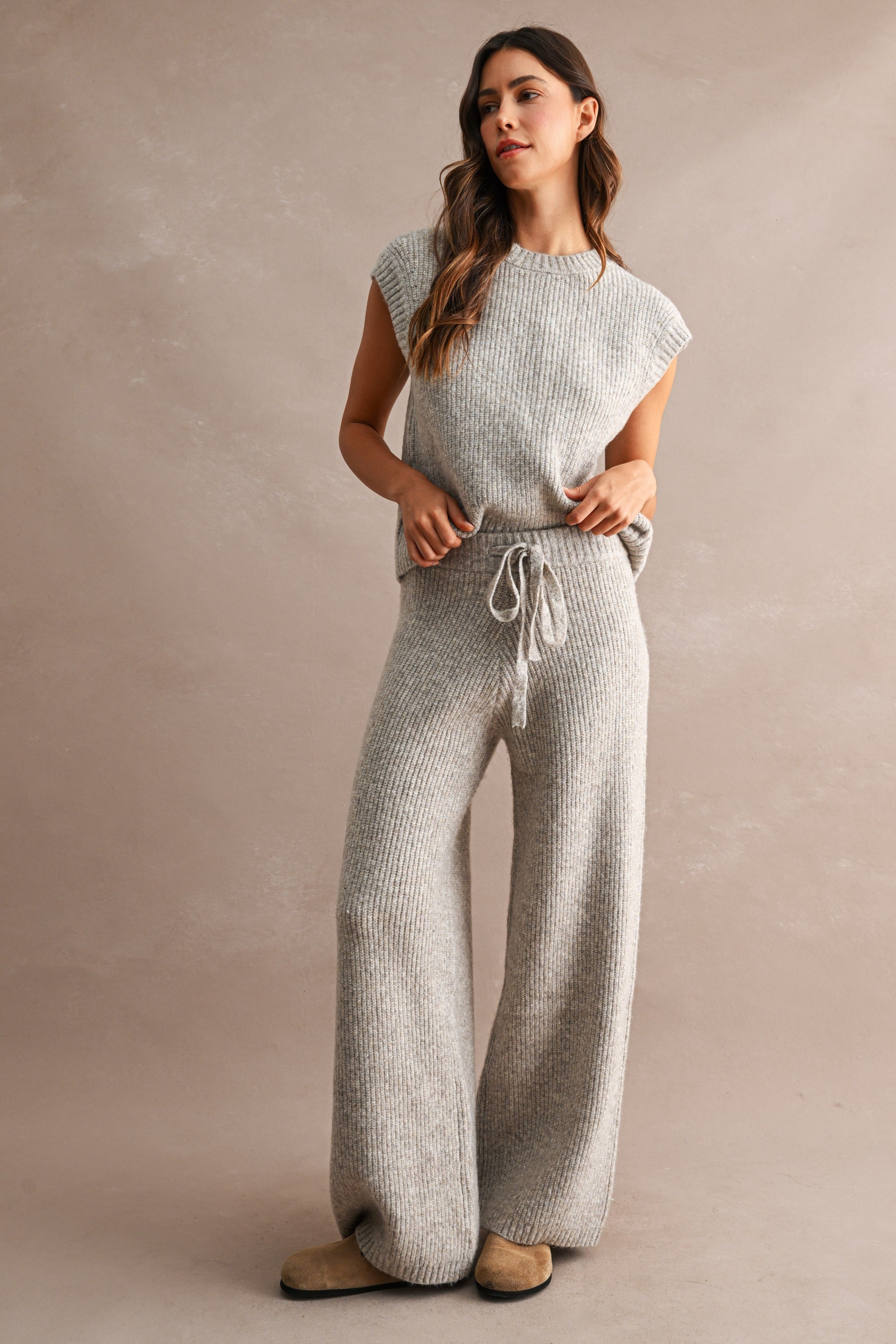 Nora Ribbed Knit Sweater Top & Wide Leg Pants Set