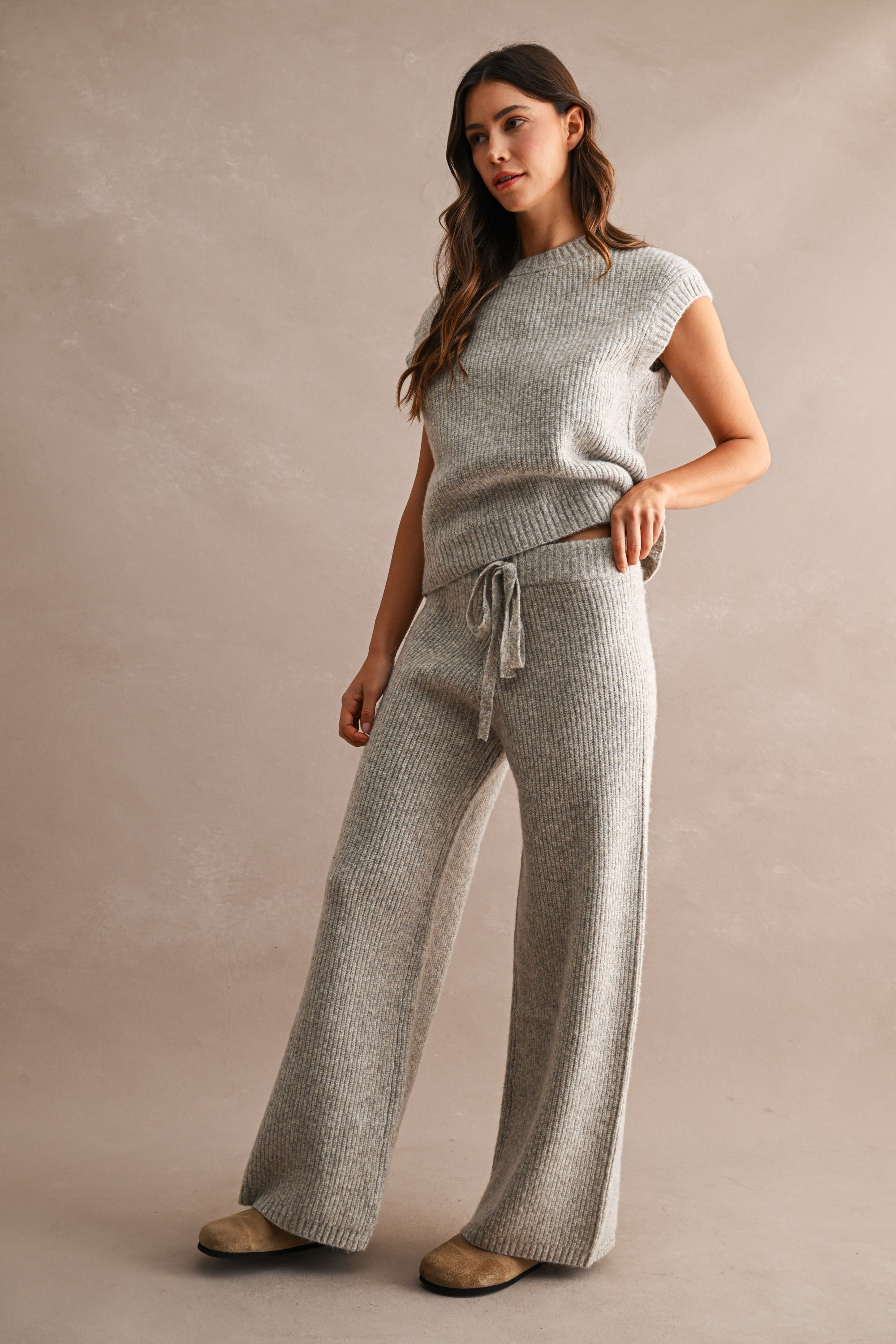 Nora Ribbed Knit Sweater Top & Wide Leg Pants Set