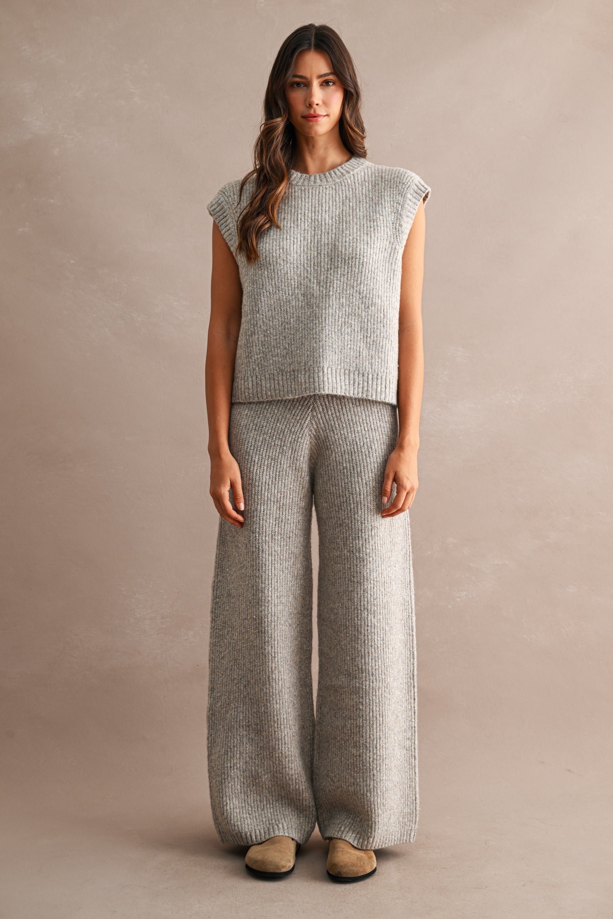 Nora Ribbed Knit Sweater Top & Wide Leg Pants Set