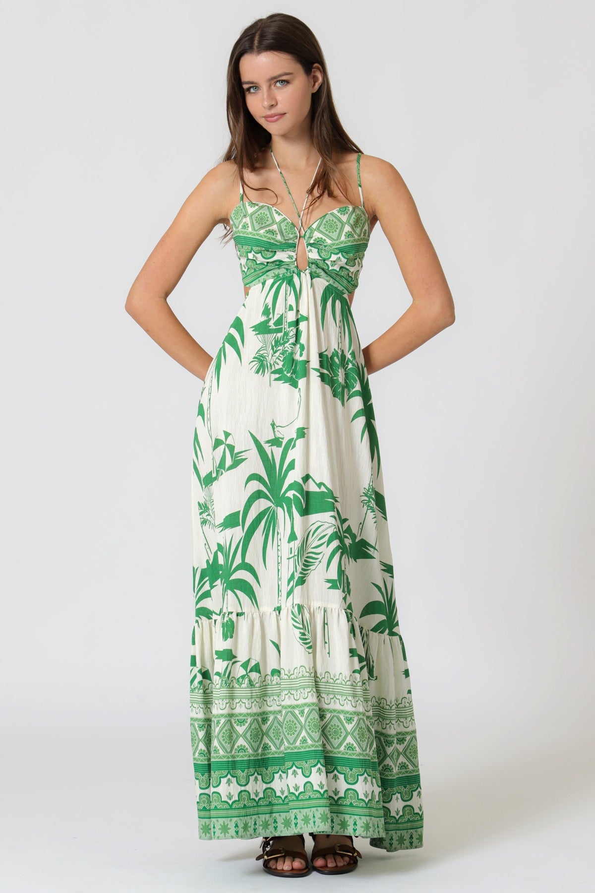 Tropics Calling Palm Print Cutout Back Maxi Dress