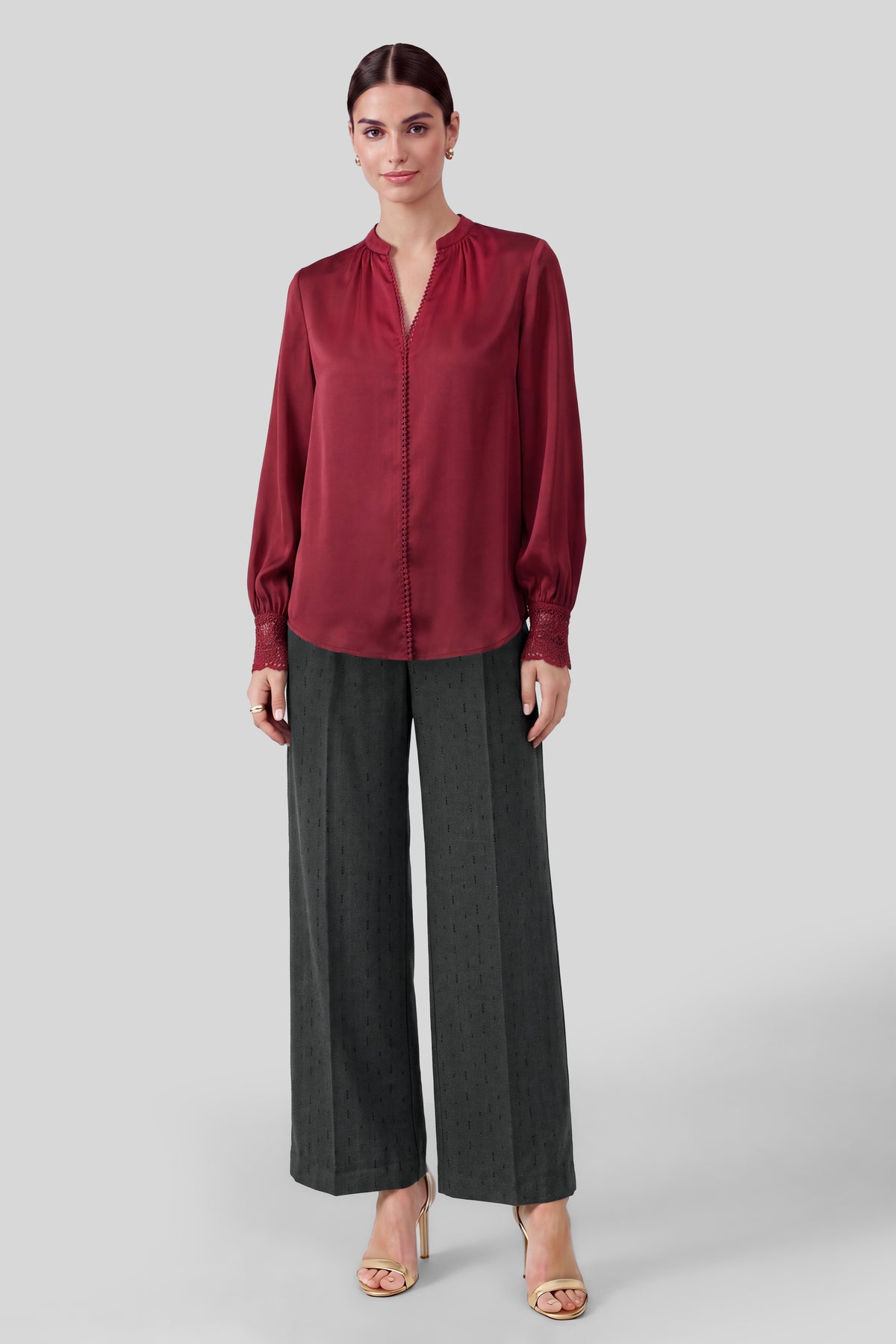 Lacet Satin Lace Trim Blouse in Red