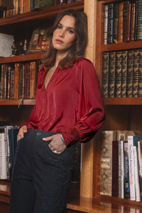 Lacet Satin Lace Trim Blouse in Red