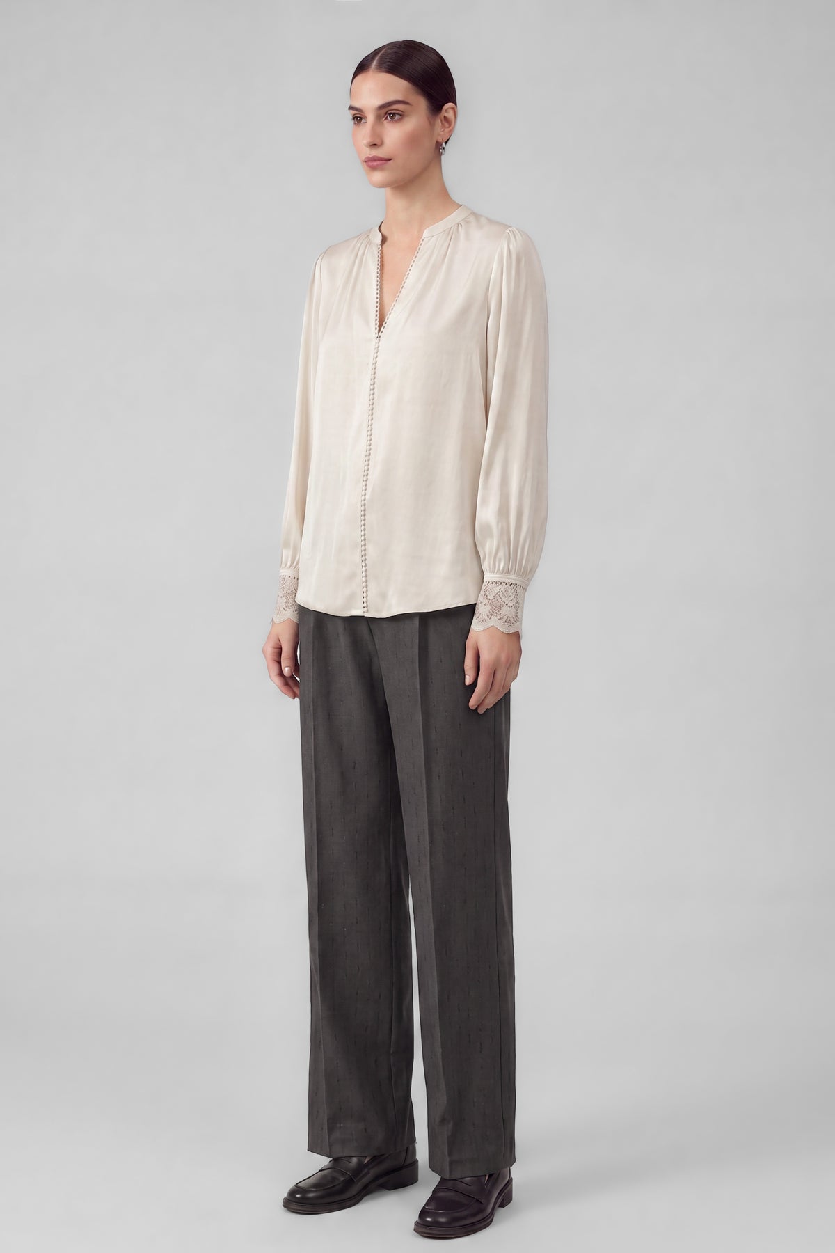 Lacet Satin Lace Trim Blouse in Ecru