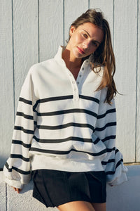 Whistler Stripe Fleece Snap Neck Top in White