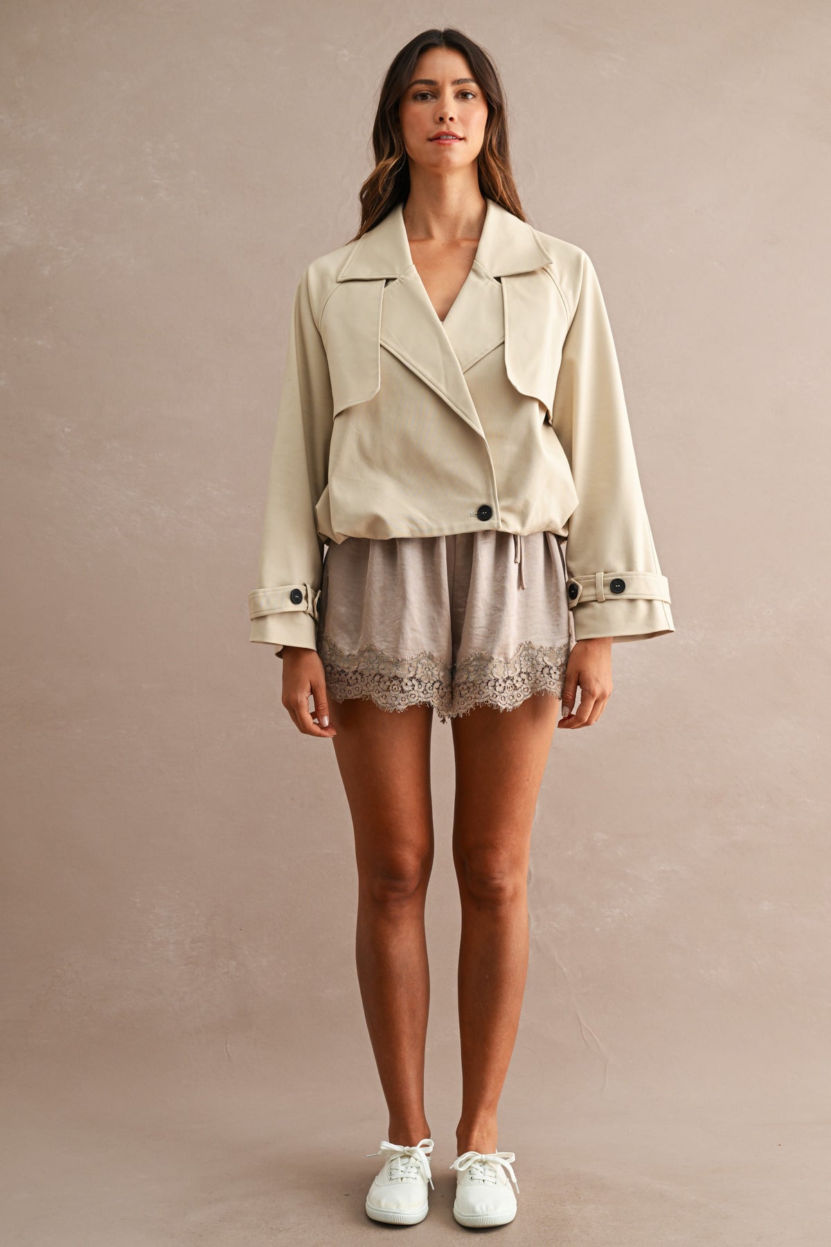 Satin Lace Trim Drawstring Shorts in Taupe — styled on model with top