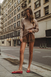 Satin Lace Trim Drawstring Shorts in Chocolate — side view showing floral lace trim hem