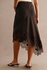 Isabeau Lace Trim Asymmetric Midi Skirt in chocolate