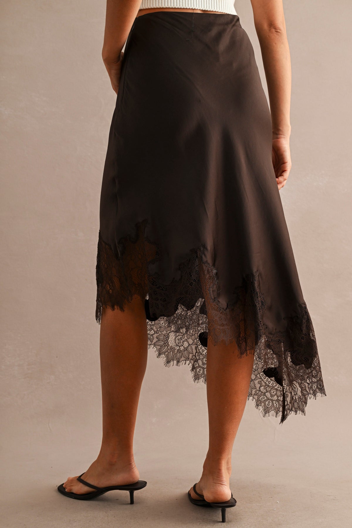 Isabeau Lace Trim Asymmetric Midi Skirt in chocolate