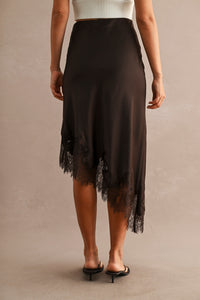 Isabeau Lace Trim Asymmetric Midi Skirt in chocolate