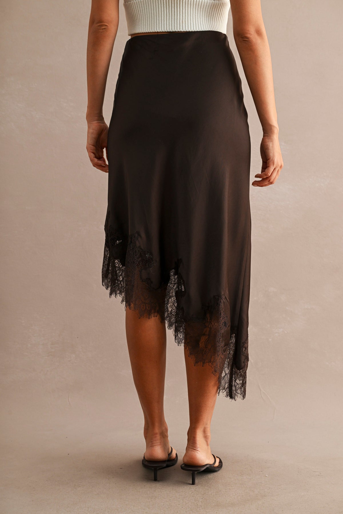 Isabeau Lace Trim Asymmetric Midi Skirt in chocolate