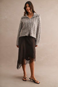 Isabeau Lace Trim Asymmetric Midi Skirt in chocolate