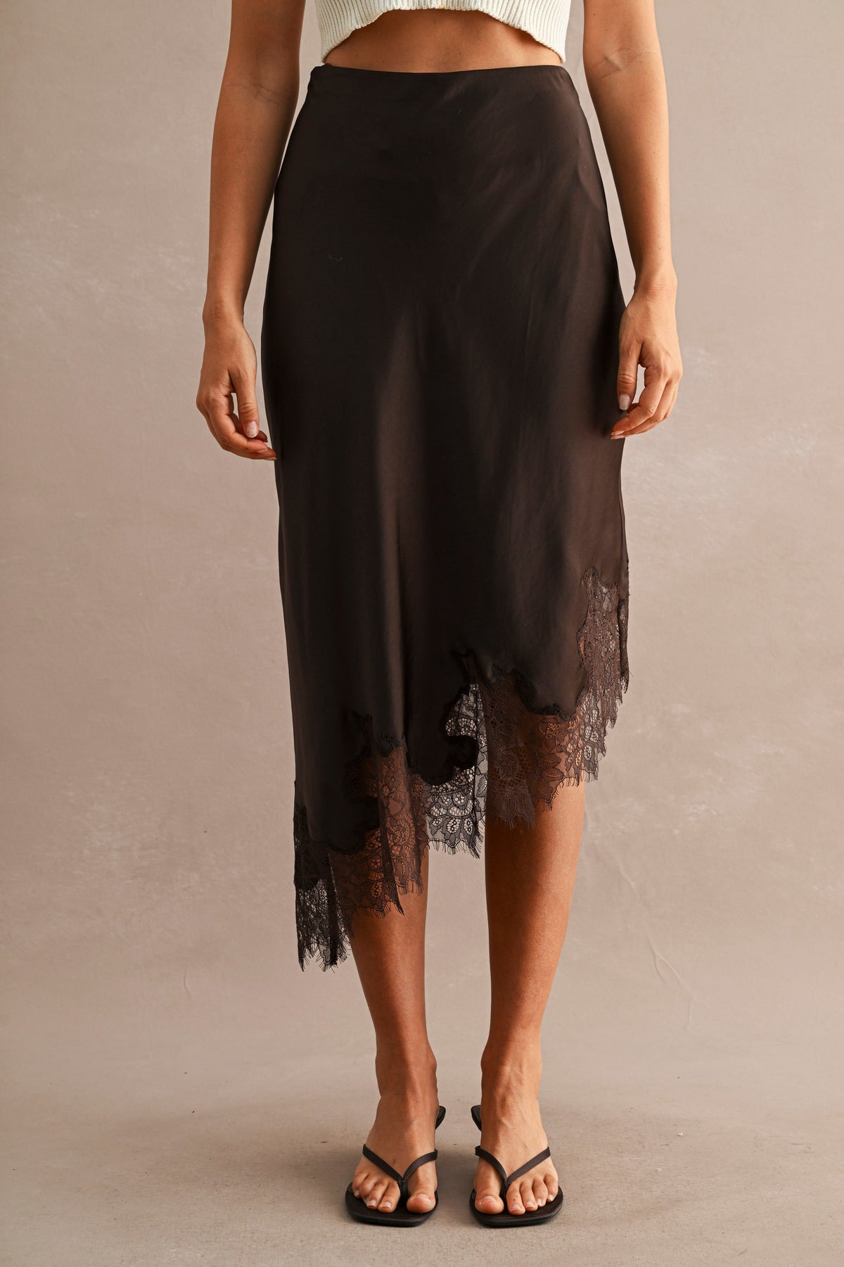 Isabeau Lace Trim Asymmetric Midi Skirt in chocolate