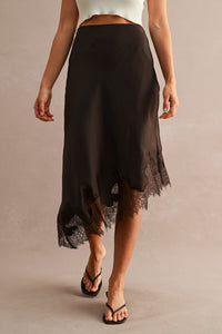 Isabeau Lace Trim Asymmetric Midi Skirt in chocolate