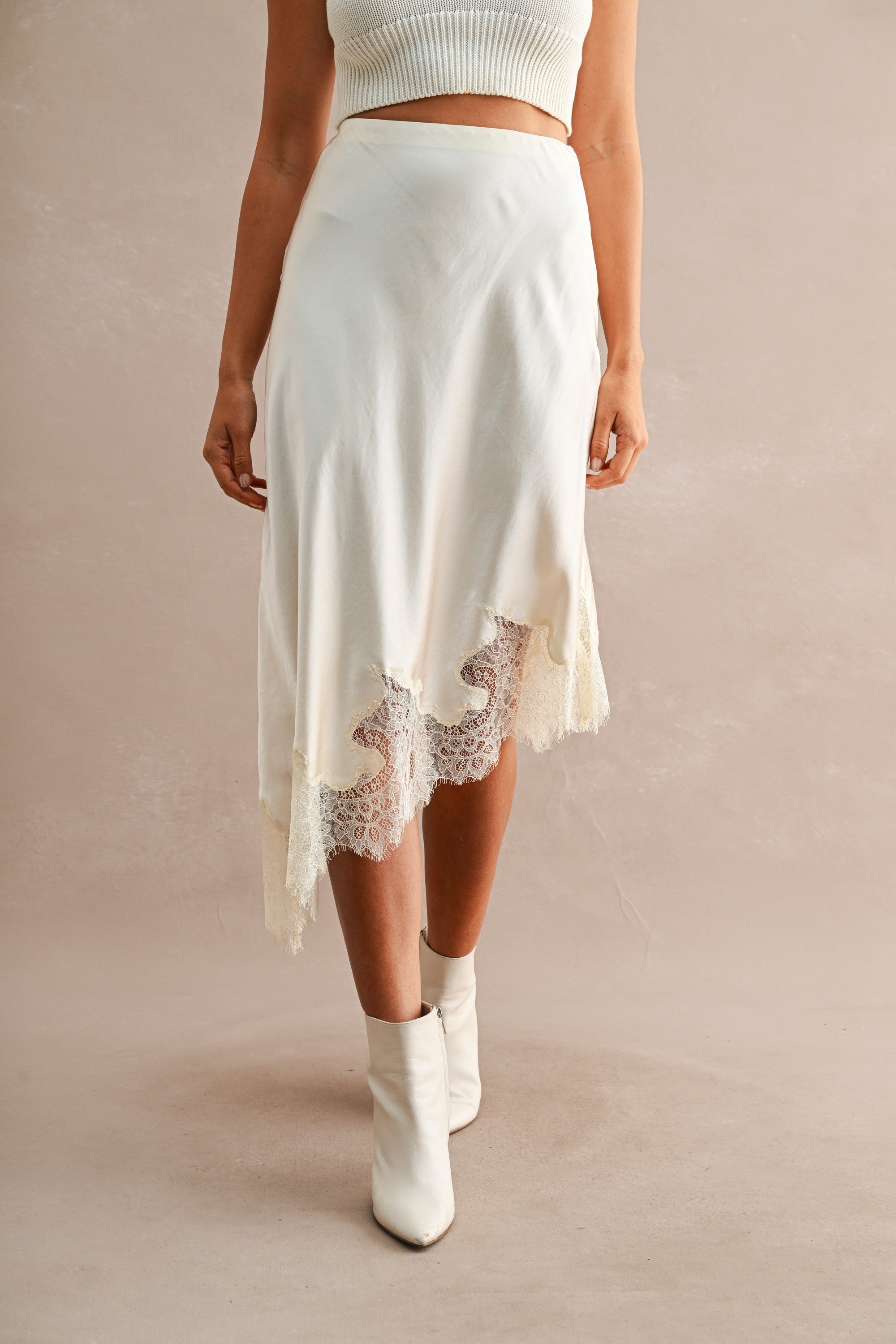Isabeau Lace Trim Asymmetric Midi Skirt