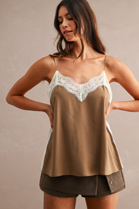 Violetta Lace Trim Cami Top in Mocha